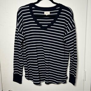 Loft M Lou & Grey Knit V Neck Striped Navy Long Sleeve Sweater